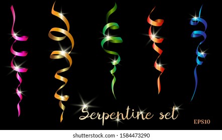 Set of multi-colored serpentines with radiance on a black background.
Wisted ribbon objects. 
Holiday luxury decoration.
All elements are isolated. Vector Illustration