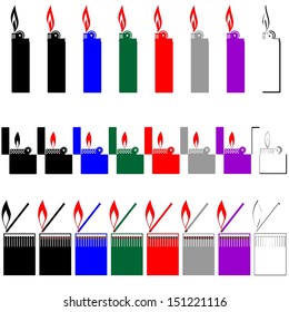 A set of multi-colored sets of matches and lighters. The illustration on a white background.