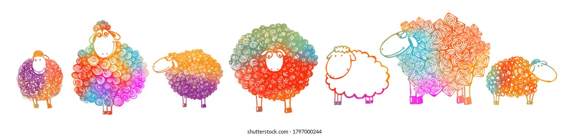 Set of multi-colored sheep. Mixed media. T-shirt print. Vector illustration