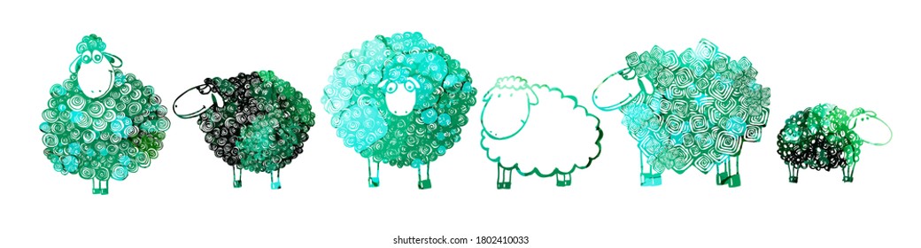 Set of multi-colored sheep. Mixed media. T-shirt print. Vector illustration