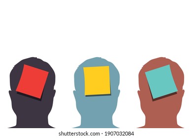 Set of multi-colored sheets of paper on abstract silhouettes. three stickers. Vector illustration. A sticker to remind you of your thoughts or ideas.