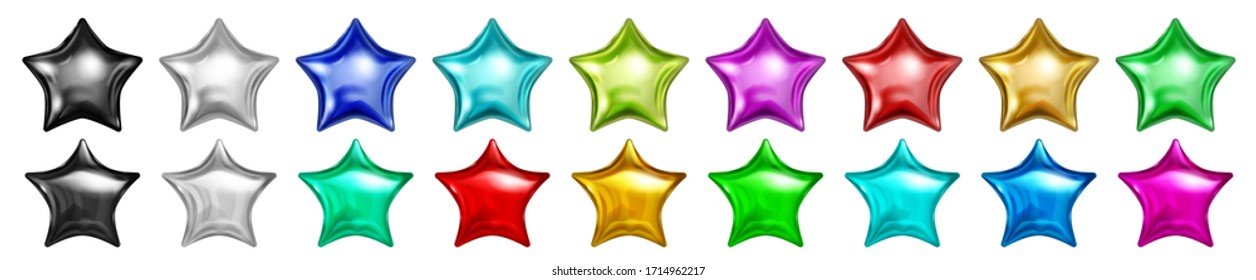Set of multicolored shiny balloons in the shape of stars, isolated on white background