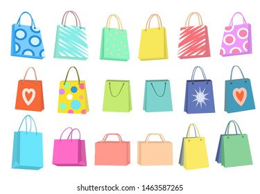 Set of Multi-colored Shopping bags of different shapes. Pouches with patterns or signs in the layout. Vector illustration.