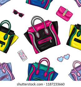 A set of multi-colored shopping bags. Vector illustration for a postcard or a poster, print for clothes. Fashion with style. Background.