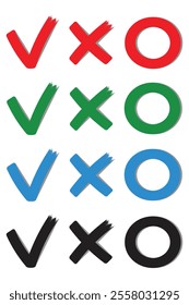Set of multi-colored signs with shadow: cross, zero, checkmark in red, blue, green and black.