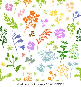 Set of multi-colored silhouettes of flowers. Flowers seamless pattern. Vector illustration