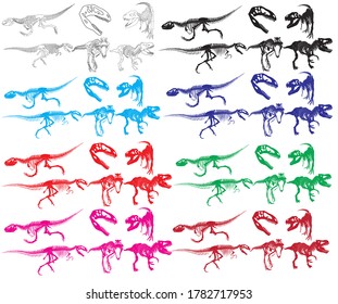 Set of multi-colored silhouettes of Tyrannosaurus rex dinosaur in different poses in isolate on a white background. Vector illustration.
