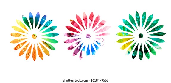 Set of multi-colored simple flowers. Mixed media. Vector illustration