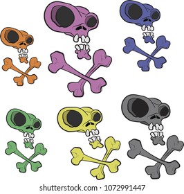 Set of multicolored skulls with bones in cartoon style