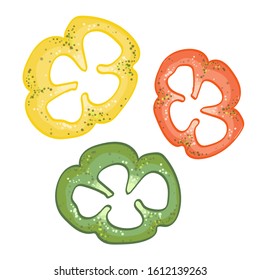 Set of multi-colored slices of pepper: red, green and yellow. Healthy food. Vector illustration on a white background.