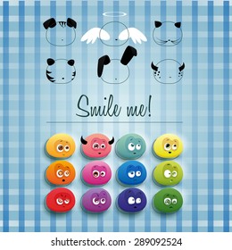 Set of multicolored smiles with the ability to create different images using ears, whiskers, noses, spots and stripes, wings, horns and halo