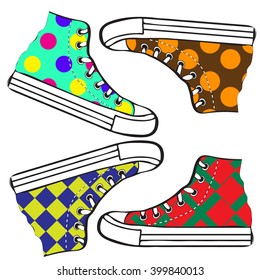 a set of multi-colored sneakers
