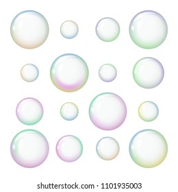 A set of multicolored soap bubbles. Shiny balls with glare. Vector illustration. The concept of cleanliness and cleaning.