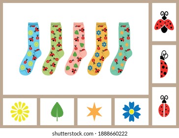 A set of multi-colored socks. Insect pattern on the socks. Design element. Vector illustration.