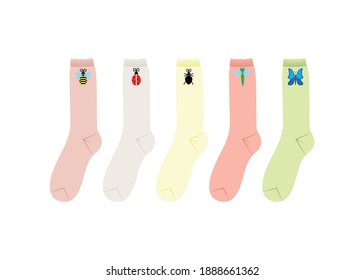 A set of multi-colored socks. Insect pattern on the socks. Design element. Vector illustration.