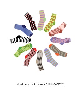 A set of multi-colored socks. Striped pattern on the socks. Design element. There is room for text. Vector illustration.