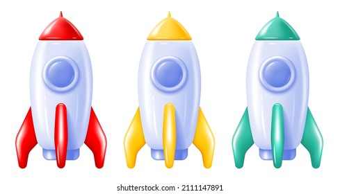 Set of multicolored space rockets. 3d illustration in minimalist style. Bright glossy icon isolated on white. Concept of successful business project start up, development process. Vector illustration