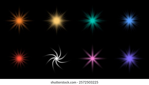 Set of multicolored sparkling highlights. Mockup of glowing effects, shining stars or glints