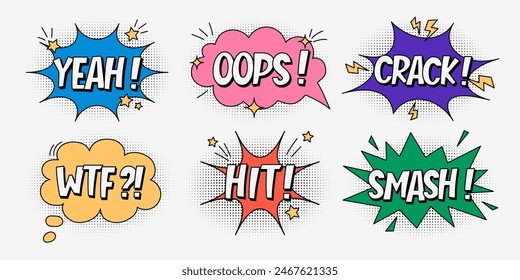 A set of multi-colored speech bubbles with expressive inscriptions, clouds and explosions in a comic style on a white background. Retro banner in pop art style with halftone shadows, doodle elements.