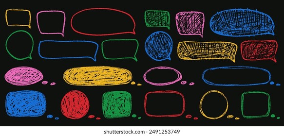 Set of multi-colored speech bubbles in the style of handwritten scribble doodles in chalk for poster, social media. Rough grunge brush texture of a child's or teenager's pencil drawing.