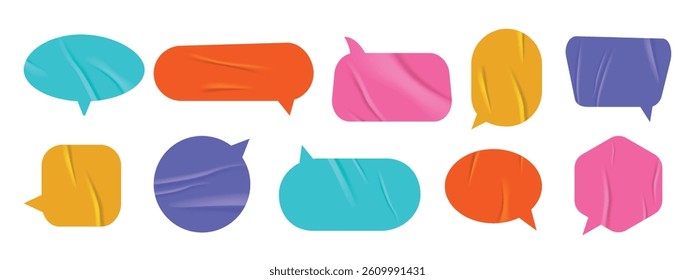 Set of multicolored speech and thought bubbles in modern sticker style. Realistic wrinkled texture with copy space. Isolated dialogue balloons for notes, collages, or school design. Vector illustratio
