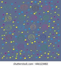 Set of multicolored spirals and dots on dark purple blue background