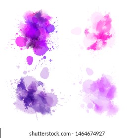 Set of multicolored splash watercolor blots - template for your designs. Purple and pink colored.