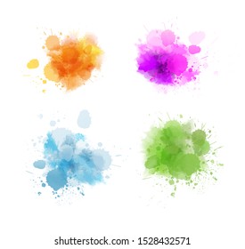 Set of multicolored splash watercolor blots - template for your designs. Purple, blue, yellow and orange colored