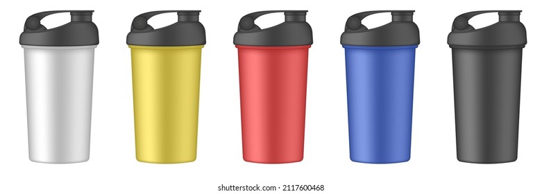 Set of multicolored sport cups or bottles for water. Protein shake drink. White, gold, red, blue and black travel cups. Thermo mug. Plastic shaker. Bicycle bottle