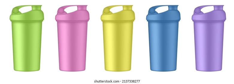 Set Of Multicolored Sport Cups Or Bottles For Water. Protein Shake Drink. Green, Pink, Yellow, Blue And Purple Travel Cups. Thermo Mug. Plastic Shaker. Bicycle Bottle