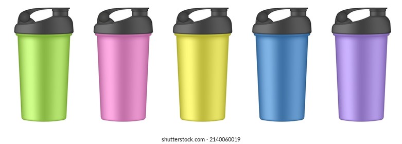 Set Of Multicolored Sport Cups Or Bottles For Water. Protein Shake Drink. Green, Pink, Yellow, Blue And Purple Travel Cups. Thermo Mug. Plastic Shaker. Bicycle Bottle