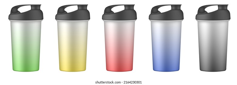 Set Of Multicolored Sport Cups Or Bottles For Water. Protein Shake Drink. Green, Black, Yellow, Blue And Purple Gradient Travel Cups. Thermo Mug. Plastic Shaker. Bicycle Bottle