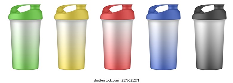 Set Of Multicolored Sport Cups Or Bottles For Water. Protein Shake Drink. Green, Black, Yellow, Blue And Red Gradient Travel Cups. Thermo Mug. Plastic Shaker. Bicycle Bottle