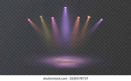 Conjunto de focos multicolores con fondo transparente, formando haces de luz suaves en varias direcciones. Efecto de iluminación realista para conciertos, fiestas, escenas de escenario o diseño.

