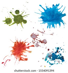 Set of multi-colored spots of paint on a white background. Blots on raw watercolor paper painted with a brush and airbrush.