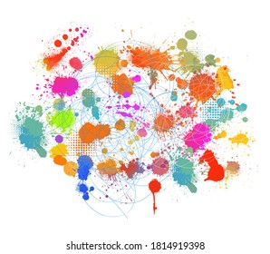 Set Multi-colored spots of paint on a white background. A circle of blots. Mixed media. Vector illustration.