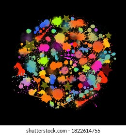 Establece manchas multicolores de pintura en un fondo negro. Medios mixtos. Ilustración vectorial. Un círculo de manchas. Medios mixtos.