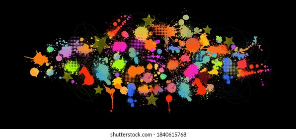 Set Multi-colored spots of paint on a black background. Mixed media. Vector illustration.