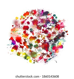 Establece manchas multicolores de pintura en un fondo negro. Medios mixtos. Ilustración vectorial.