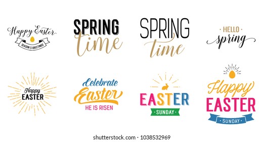 Set of multicolored Spring Time and Easter lettering set. Easter holiday. Handwritten text, calligraphy. Can be used for greeting cards, posters, leaflets and brochure