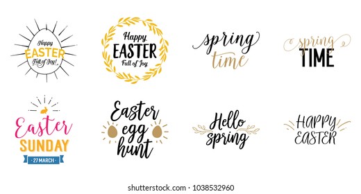 Set of multicolored Spring Time and Happy Easter letterings with decorative elements. Easter holiday. Handwritten text, calligraphy. Can be used for greeting cards, posters, leaflets and brochure