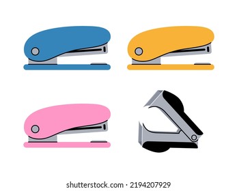 Set of multi-colored staplers and staple remover. Stationery, school and office supplies. Flat vector illustration