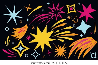 Set of multicolored stars. curved shapes. Starry sky. Colored abstract graphic elements. Cartoon elements in retro style. vector illustration. Funny stickers.Prints for clothes.