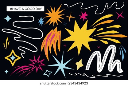 Set of multicolored stars. curved shapes. Starry sky. Colored abstract graphic elements. Cartoon elements in retro style. vector illustration. Funny stickers.Prints for clothes.