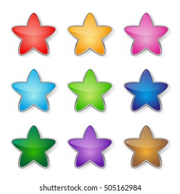 Set of multicolored stars for decoration. Isolated objects on a white background, vector illustration