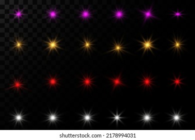 Set of multi-colored stars, vector flares with light on a transparent background. Abstract laser stars. Vector illustration