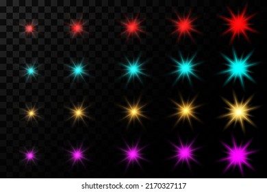 Set of multi-colored stars, vector flashes with light on a transparent background. Abstract laser stars.