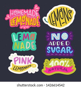 Set of multicolored stickers with lettering inscriptions Homemade Lemonade, 100% Natural, Lemons, No Added Sugar. Hand drawn phrases about natural refreshing drinks. Kit of labels for summer beverages