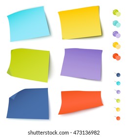 Set of multicolored stickers with pins and thumbtacks on white background. Stationery products mock-up template. Vector illustration.
