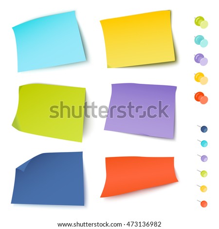 Set of multicolored stickers with pins and thumbtacks on white background. Stationery products mock-up template. Vector illustration.